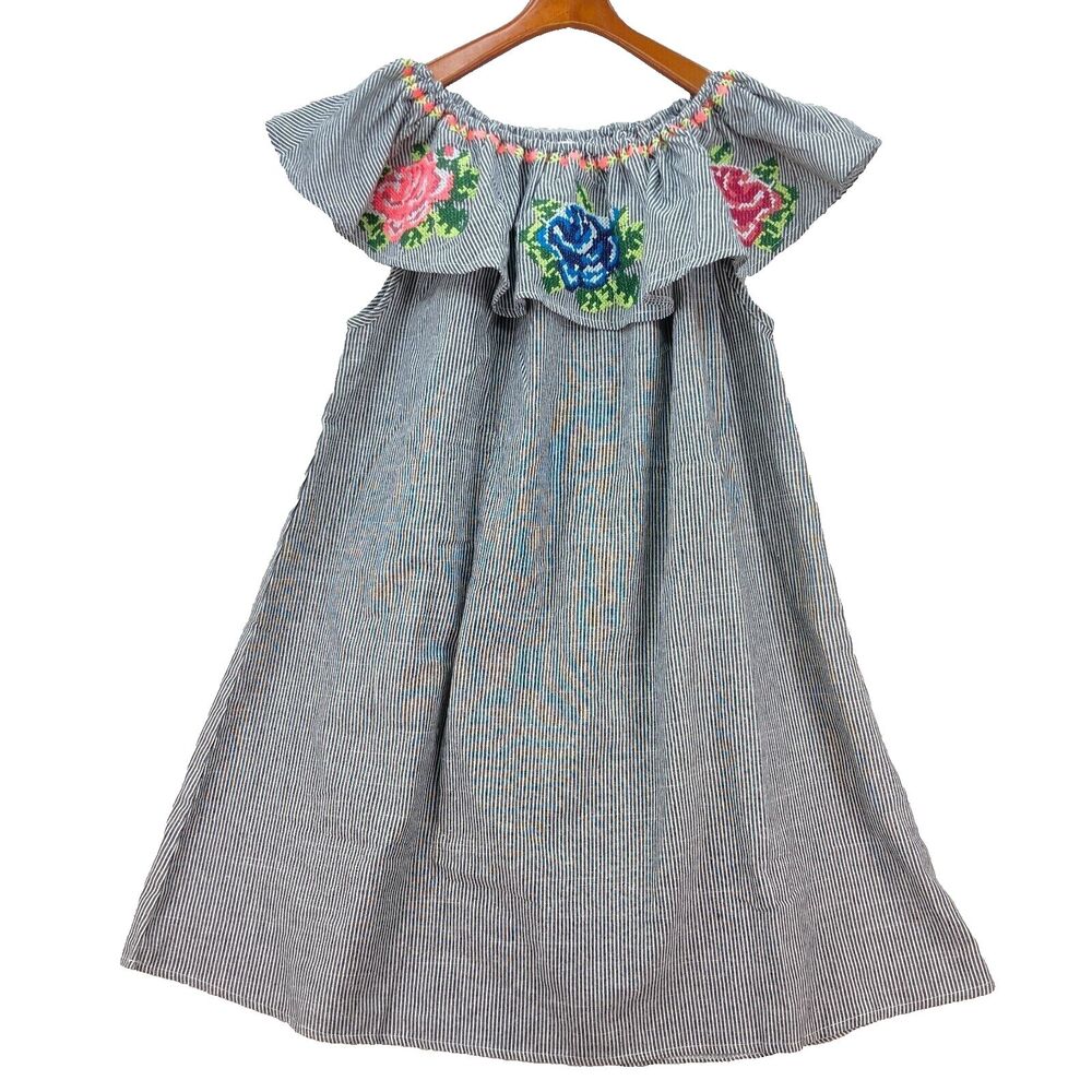 Velzera Womens Striped Embroidered Off the Shoulder Mini Dress Size MEDIUM